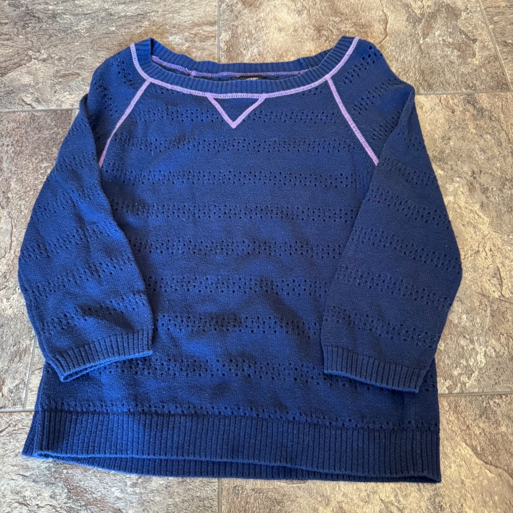 Y2K Pointelle Knit Sweater Women Large Blue‎ Purple Contrast Stitch 3/4 Sleeve